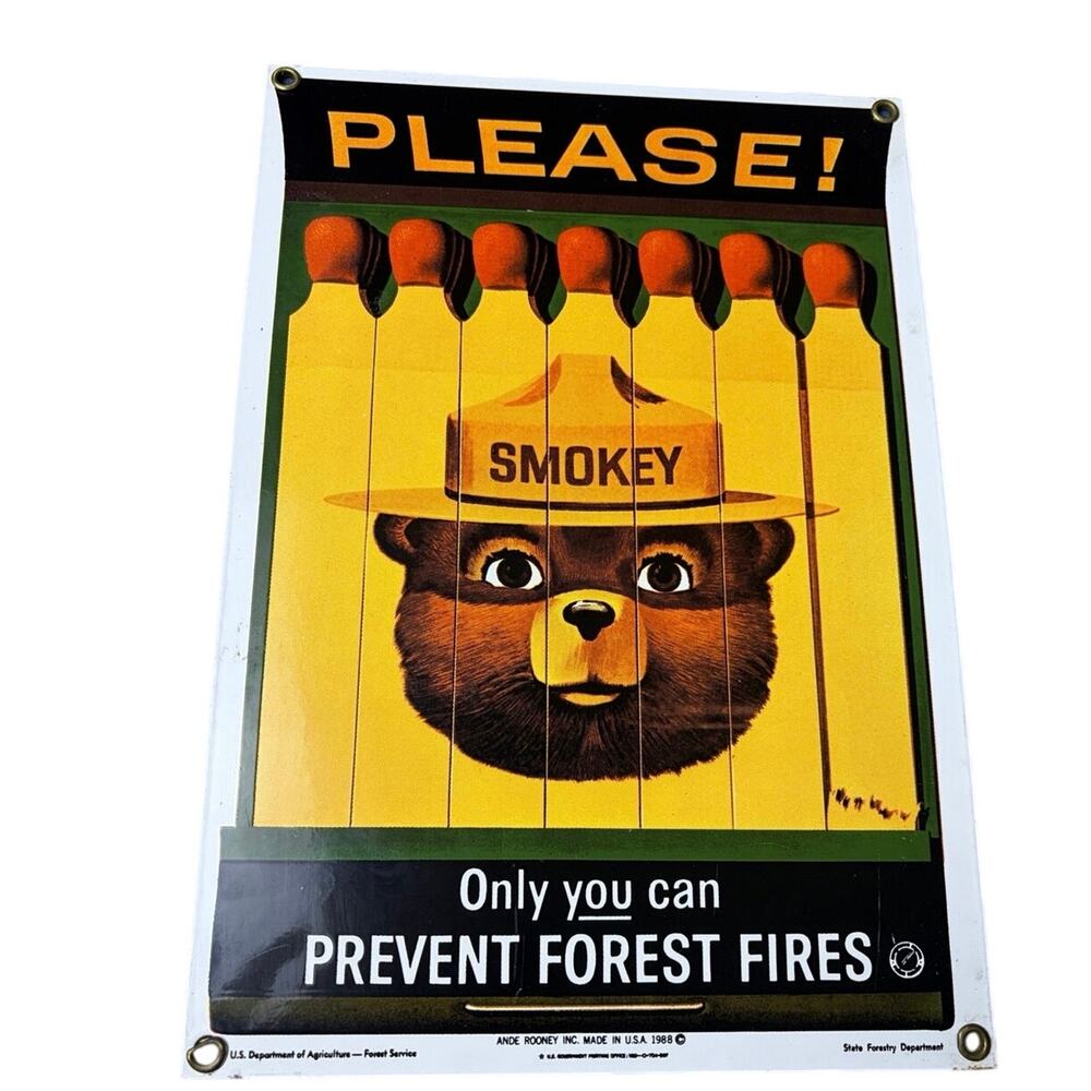 Vintage 1988 Smokey The Bear Porcelain Sign by Ande Rooney – 11" x 7.75"
